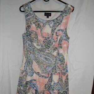 Paisley print lace overlay, drop waist, sleeveless dress.